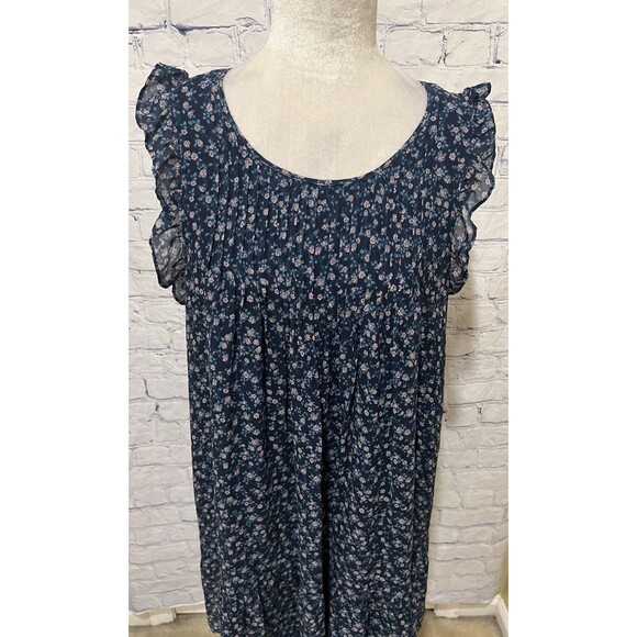 Joie Sleeveless Silk Prairie Dress Navy Blue Floral Print Pintuck & Ruffles L - Picture 2 of 6